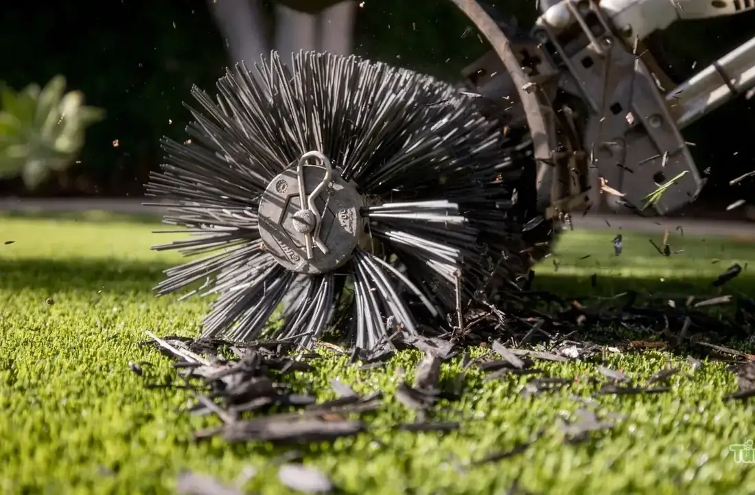 Close-up of artificial turf fibers standing upright after reblooming