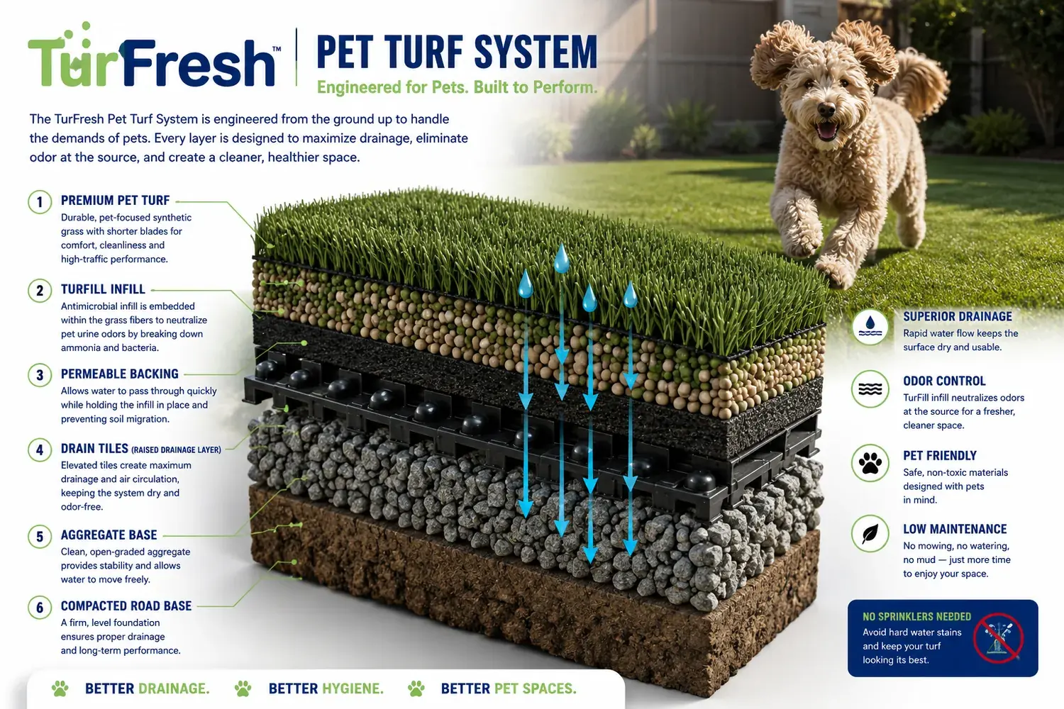 Cross-section diagram of the TurFresh pet turf system: premium pet turf, TurFill infill, permeable backing, raised drain tiles, aggregate base and compacted road base, with water draining through every layer