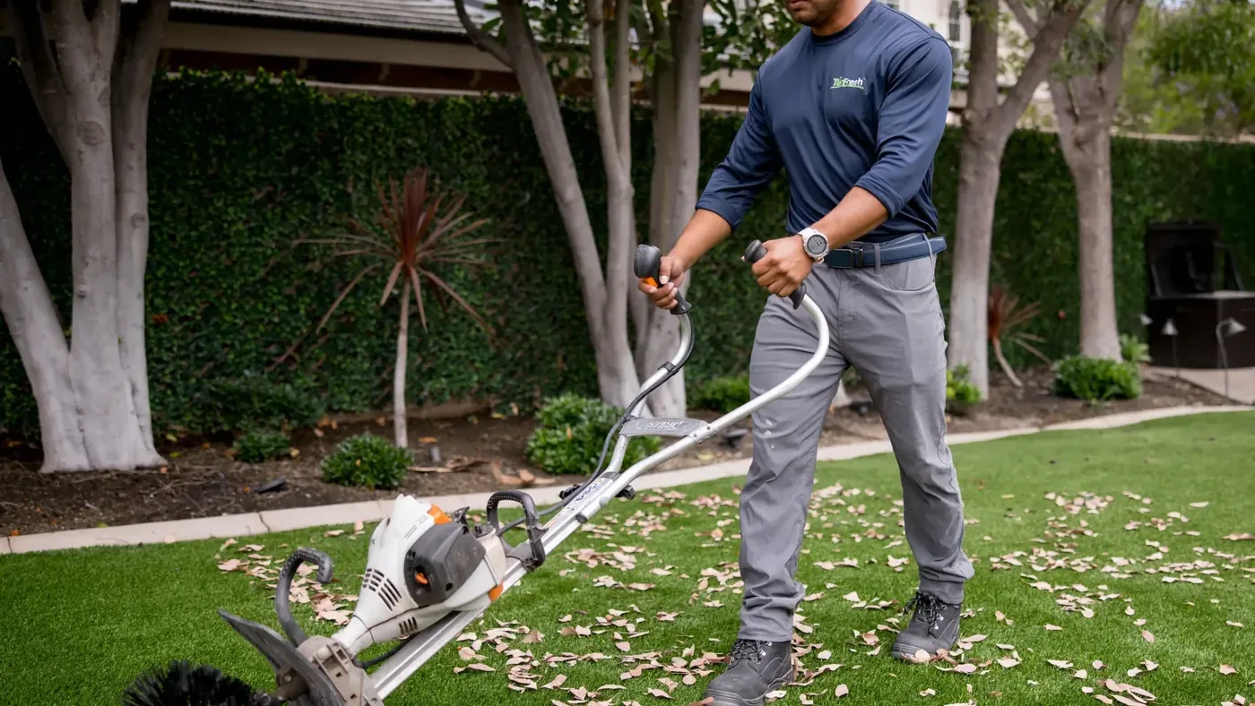 TurFresh technician power-brooming debris out of artificial turf