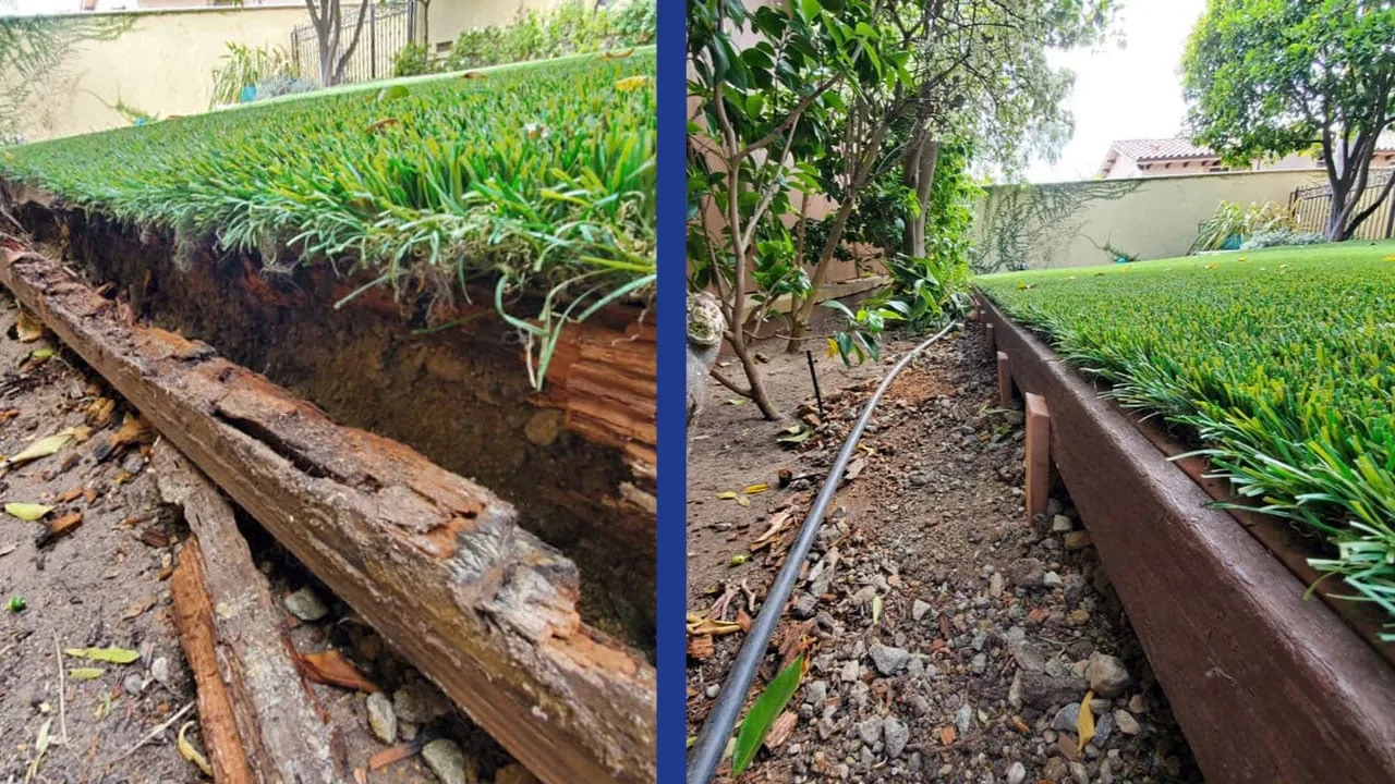 Rotted turf edge before TurFix repair and the same edge rebuilt and secured after