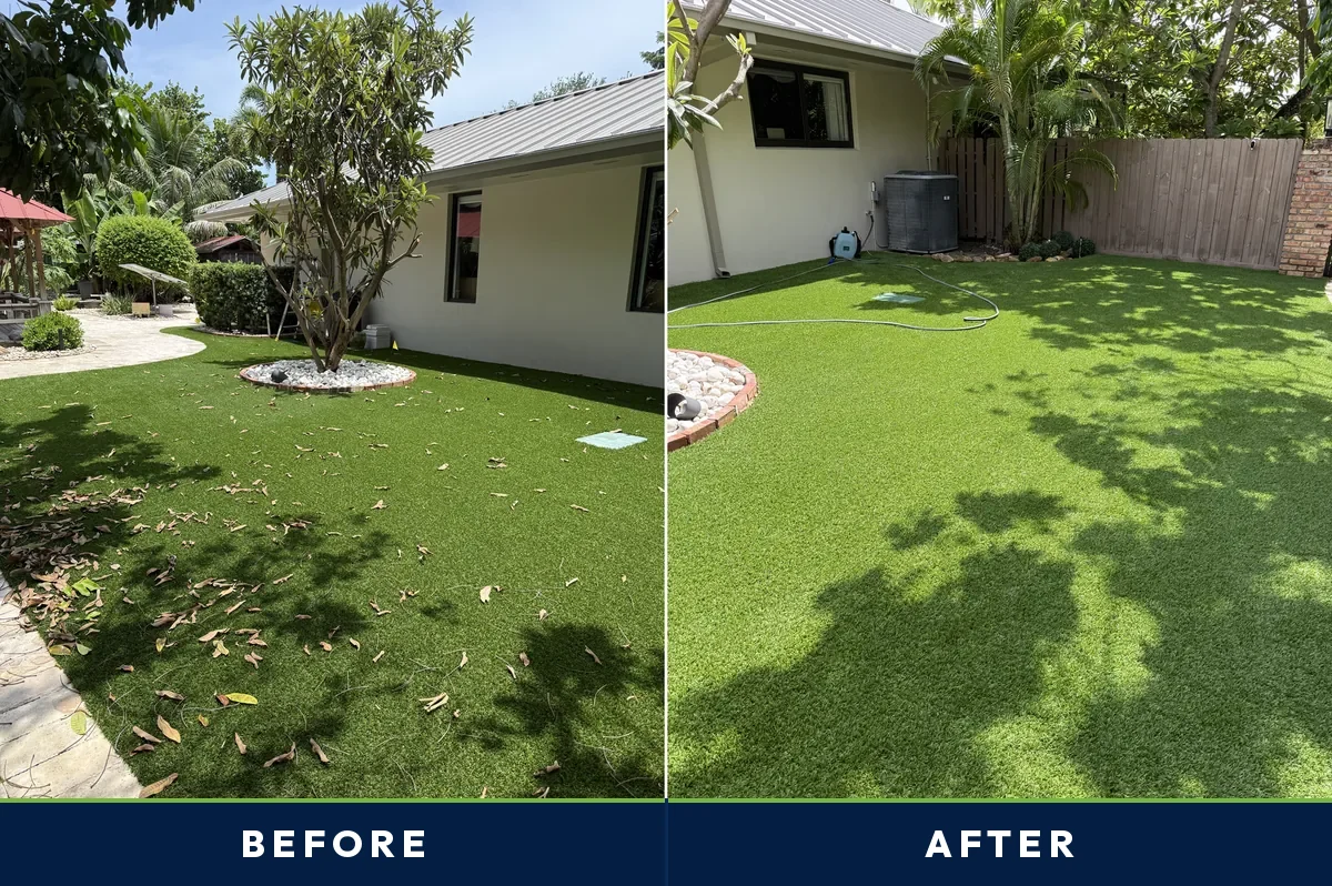 Before and after of a Palmetto Bay, FL backyard artificial turf lawn cleaned of leaf litter and restored by TurFresh