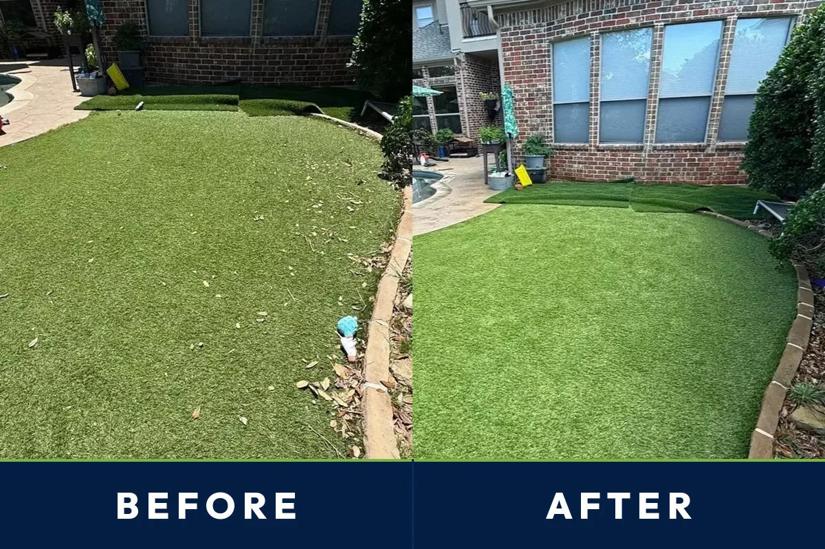 Before and after of a Central Austin, TX backyard artificial turf lawn cleaned by TurFresh