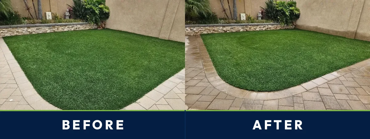 Before and after of a Garden Grove backyard artificial turf lawn deep cleaned by TurFresh