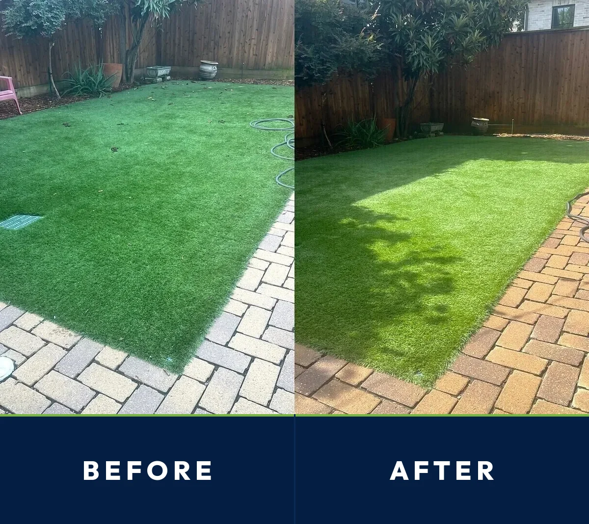 Before and after of an Irving backyard artificial turf lawn deep cleaned by TurFresh