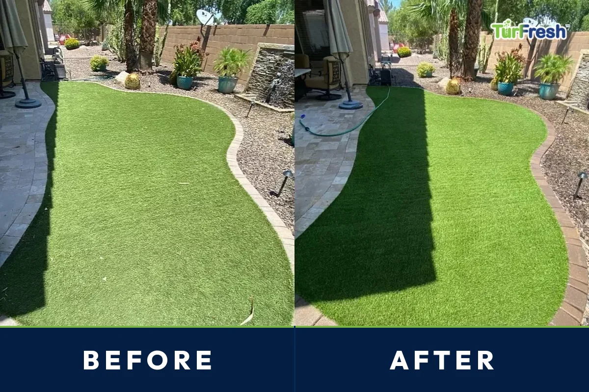 Before and after of a north Phoenix backyard artificial turf lawn deep cleaned by TurFresh with desert landscaping borders