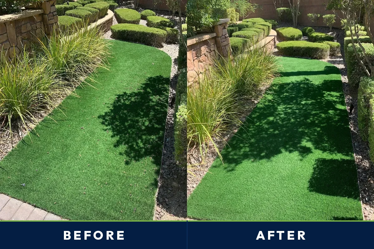 Before and after of a Spring Valley, Las Vegas backyard artificial turf lawn deep cleaned by TurFresh