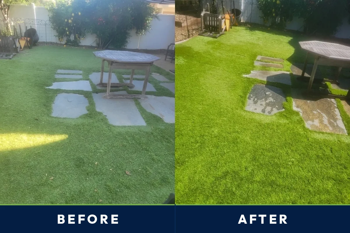 Before and after of a Venice backyard artificial turf lawn deep cleaned by TurFresh