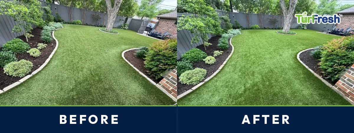 Before and after of a North Houston, TX backyard artificial turf lawn refreshed by TurFresh
