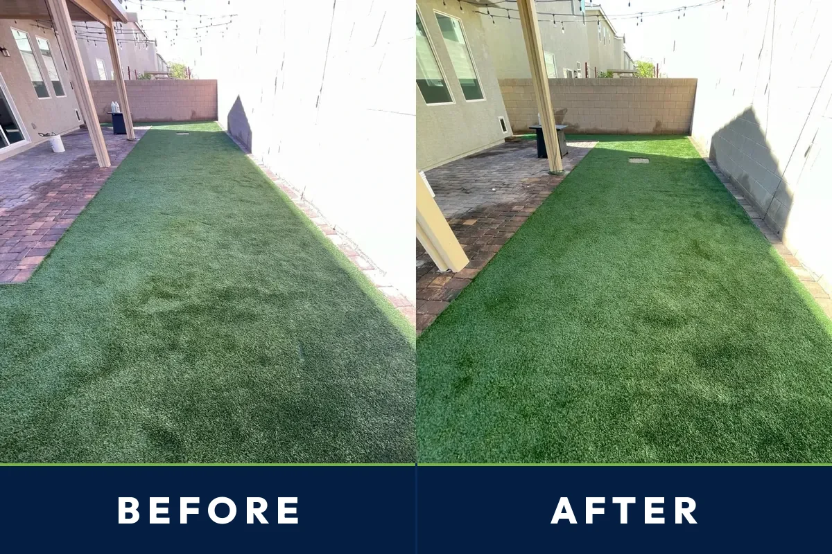 Before and after of a Spring Valley, Las Vegas courtyard artificial turf area cleaned and groomed by TurFresh
