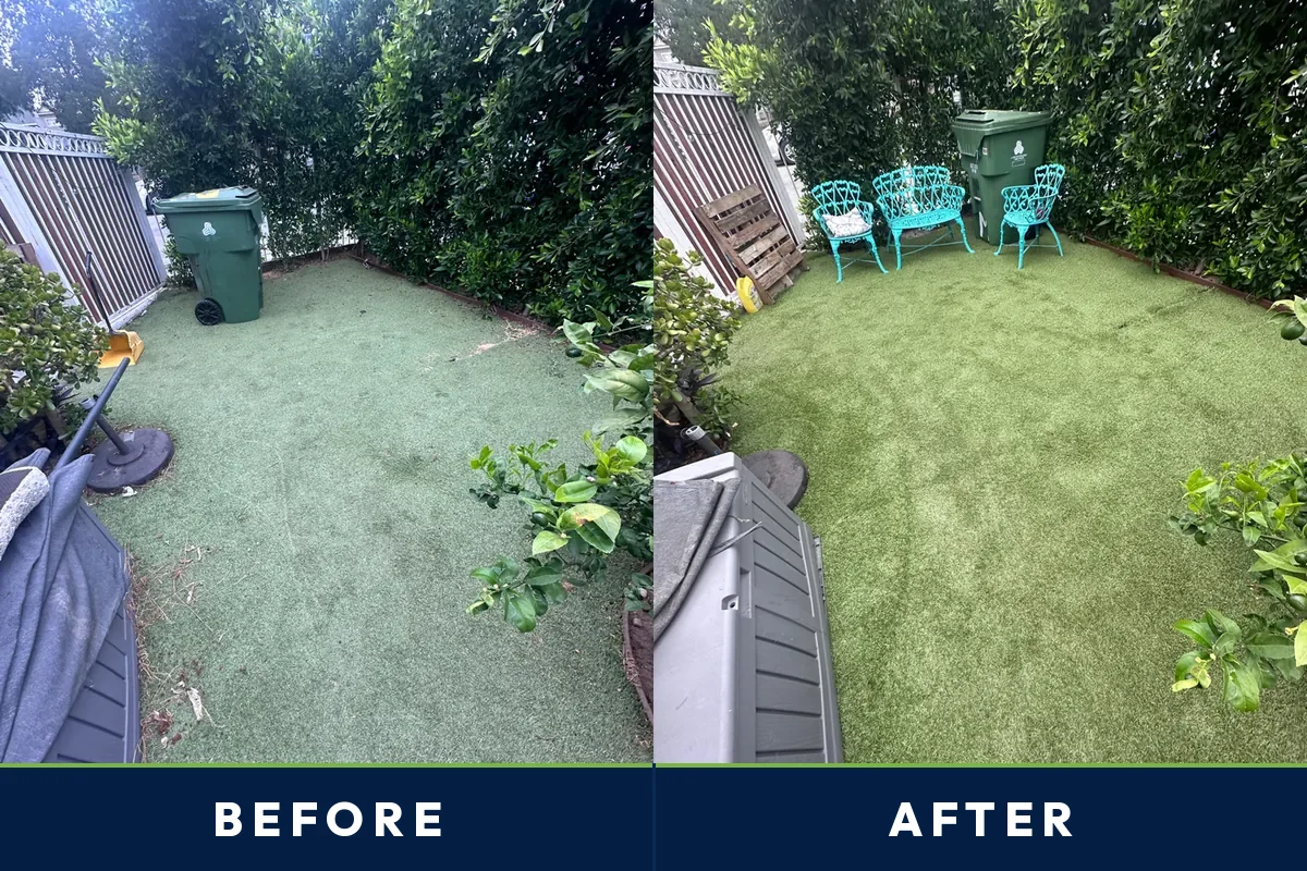 Before and after of a West Los Angeles courtyard artificial turf area cleaned by TurFresh