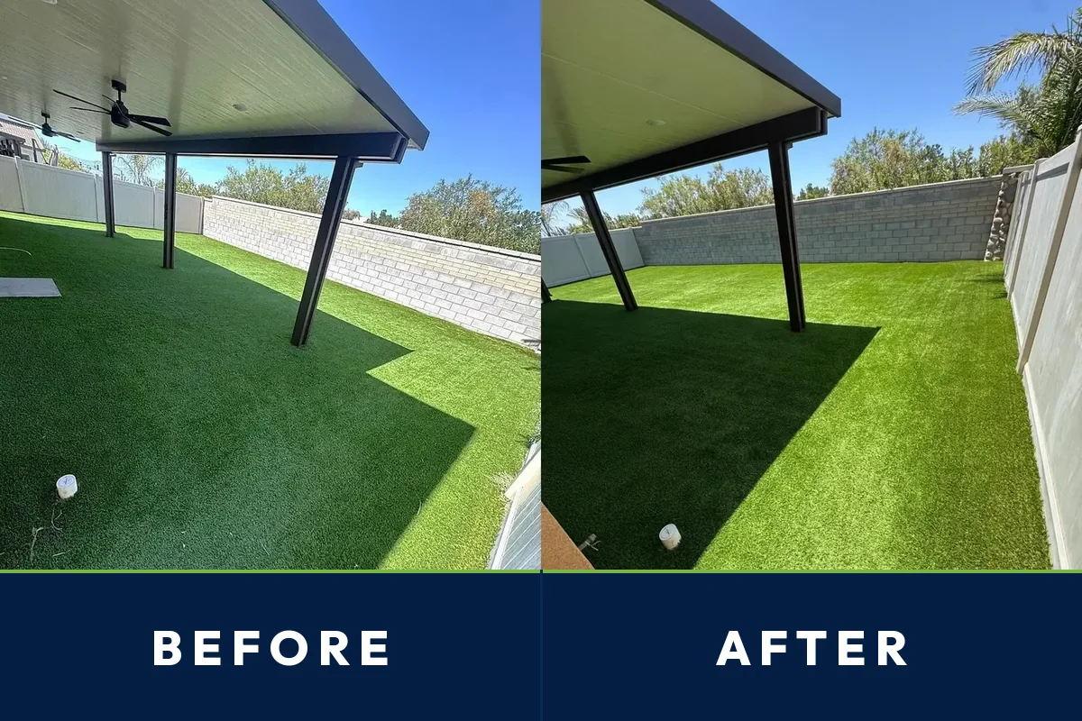 Before and after of a covered patio artificial turf area in Santa Ana cleaned by TurFresh
