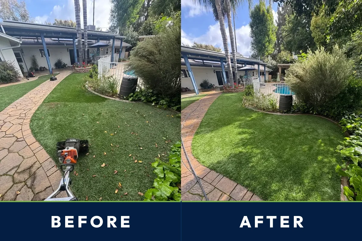 Before and after of a curved Tustin artificial turf lawn deep cleaned by TurFresh