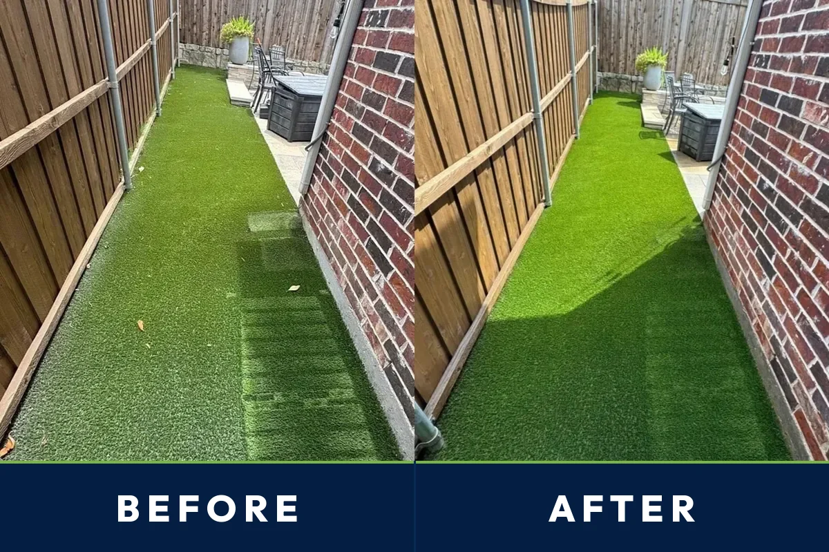 Before and after of an Austin fence-line artificial turf lawn cleaned and groomed by TurFresh