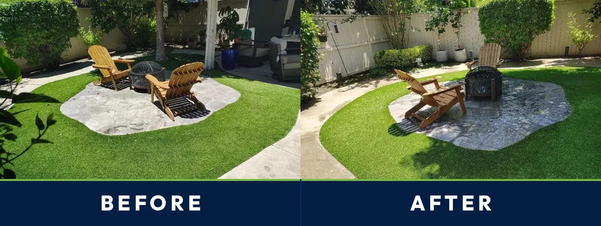 Before and after of a Newport Beach fire pit area artificial turf cleaned by TurFresh