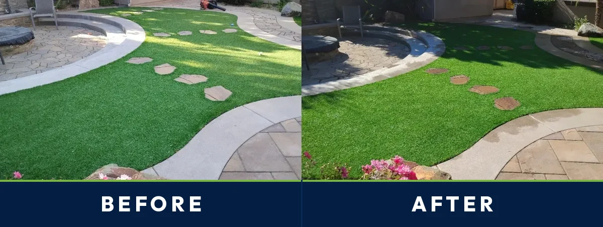 Before and after of a Mission Hills, San Diego garden artificial turf area cleaned by TurFresh