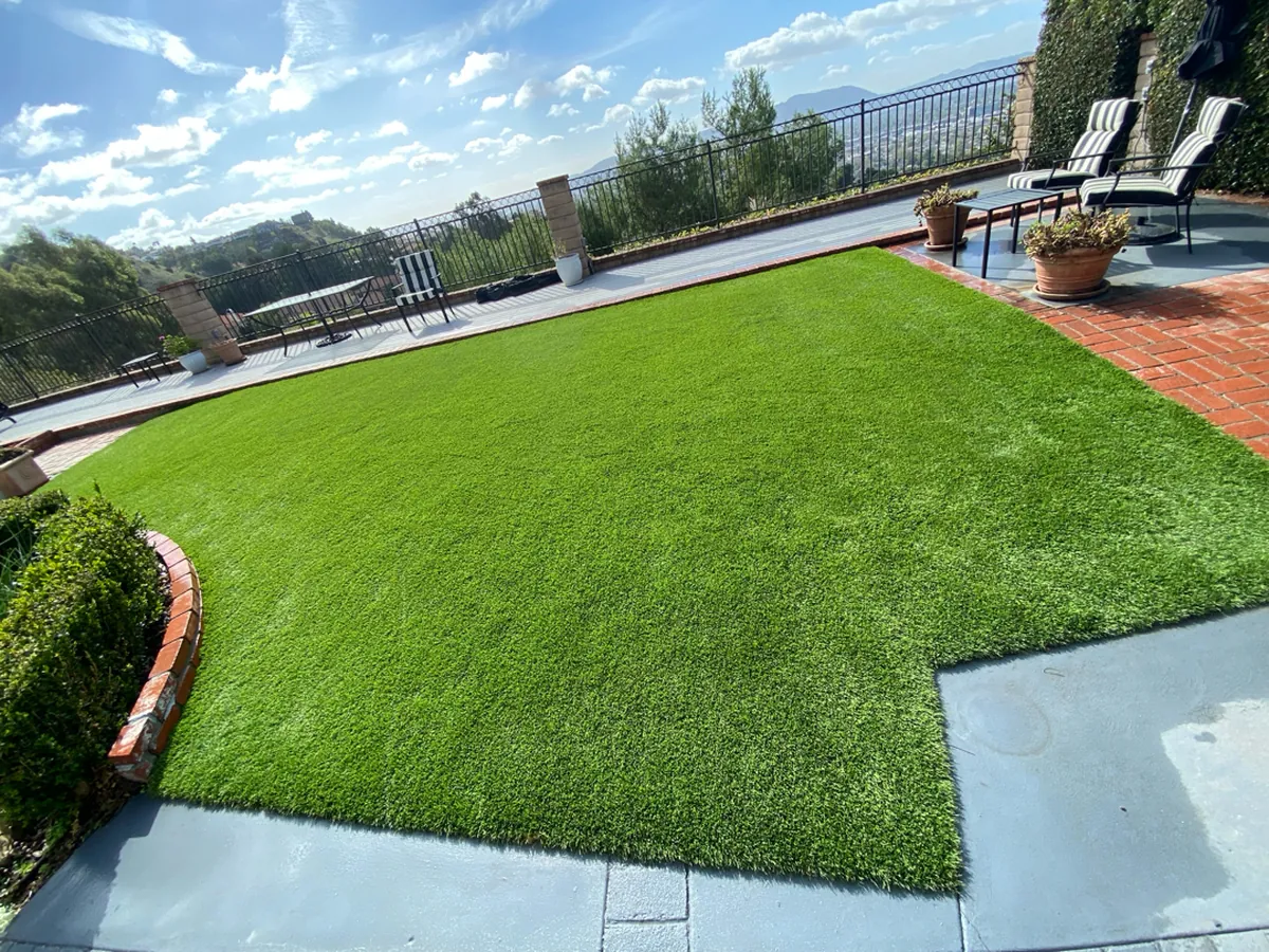 Completed TurFresh turf cleaning on a hillside Thousand Oaks artificial lawn