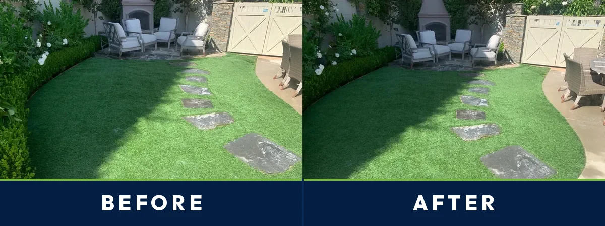 Before and after of a Mission Valley, San Diego patio lawn artificial turf cleaned by TurFresh