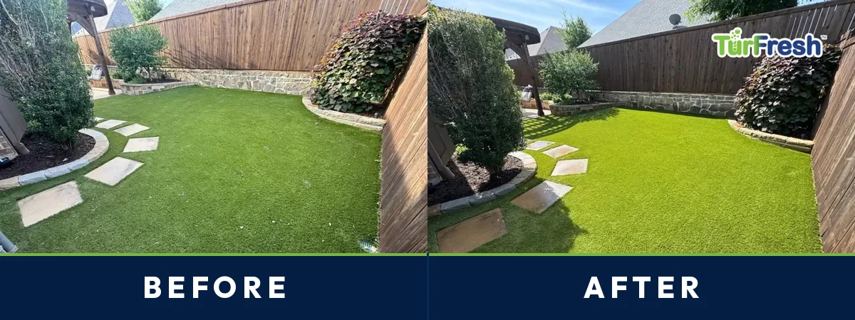 Before and after of a Houston paver-and-turf backyard cleaned and groomed by TurFresh