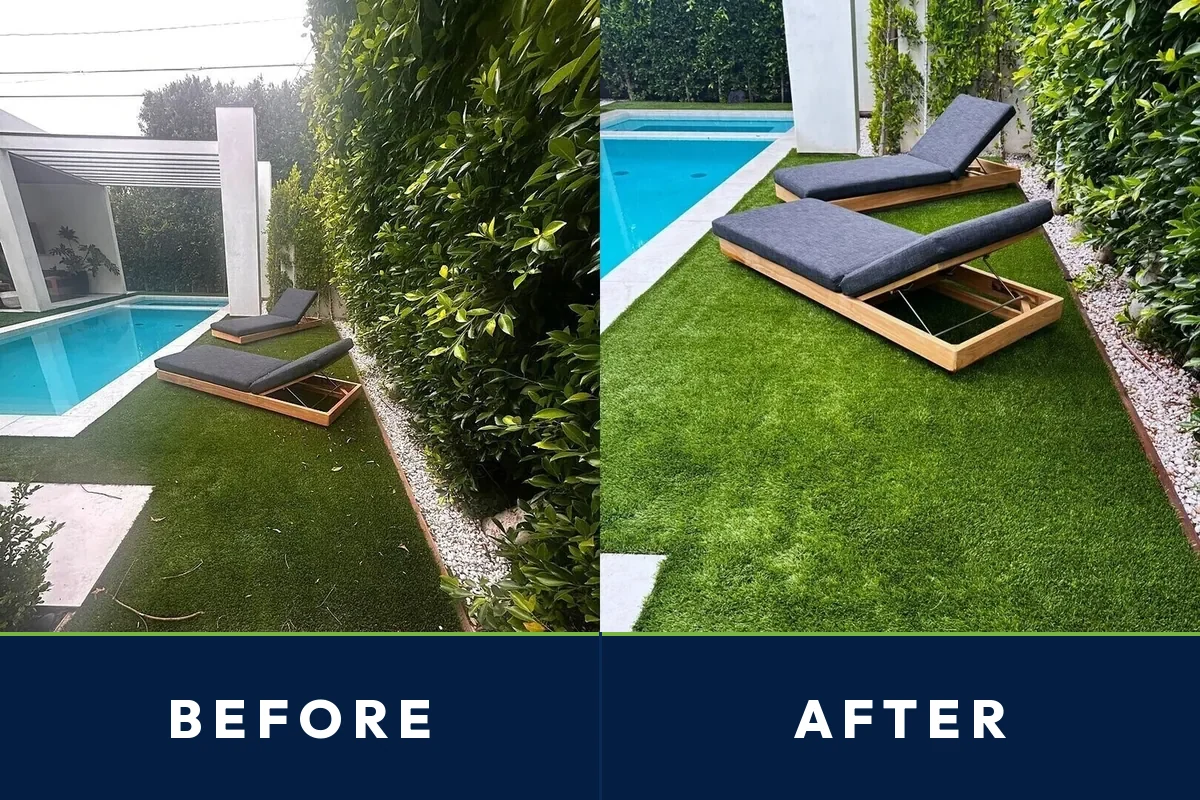 Before and after of a Del Rey, Los Angeles poolside artificial turf area cleaned by TurFresh