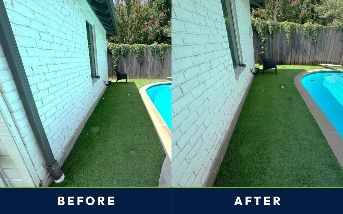 Before and after of an Irving poolside artificial turf deck cleaned by TurFresh