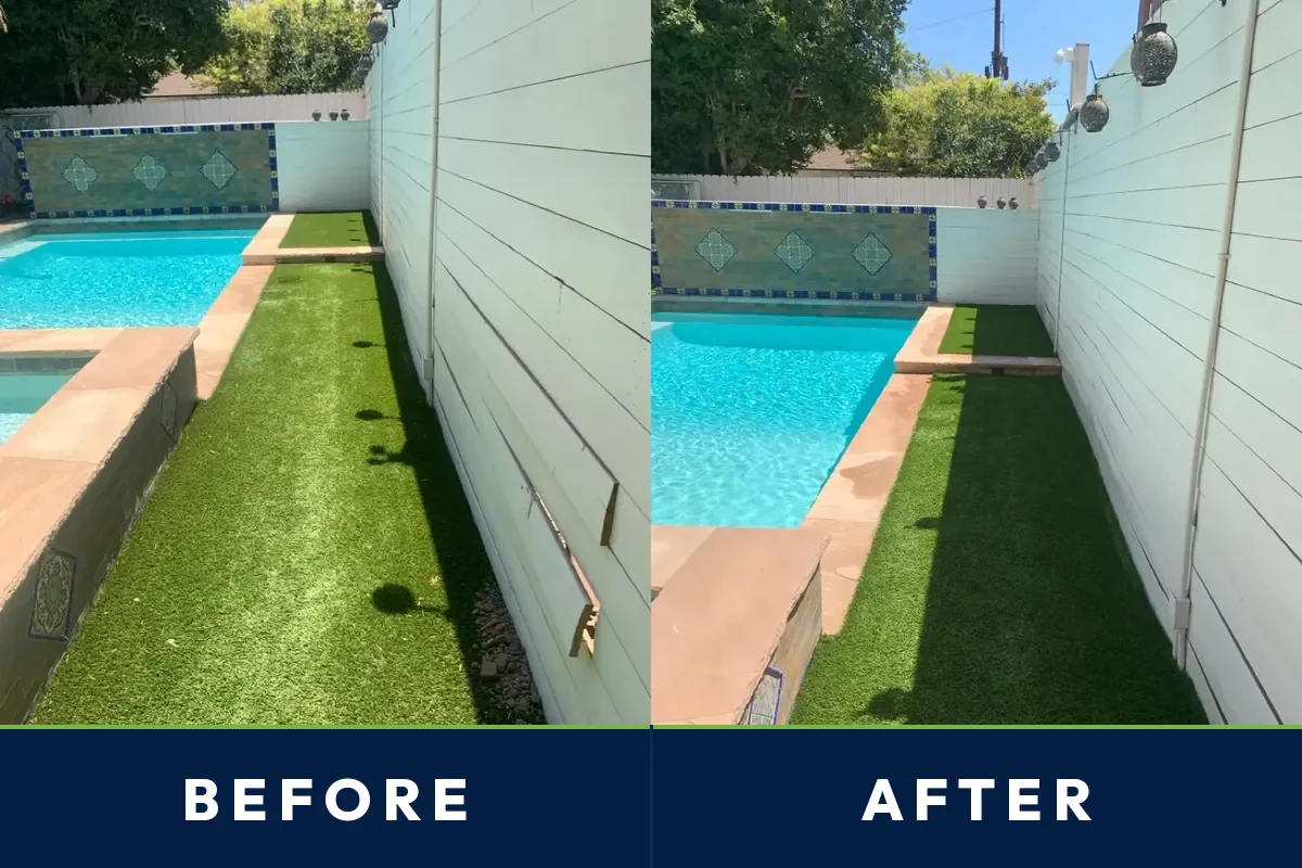 Before and after of a Miami poolside artificial turf deck cleaned by TurFresh