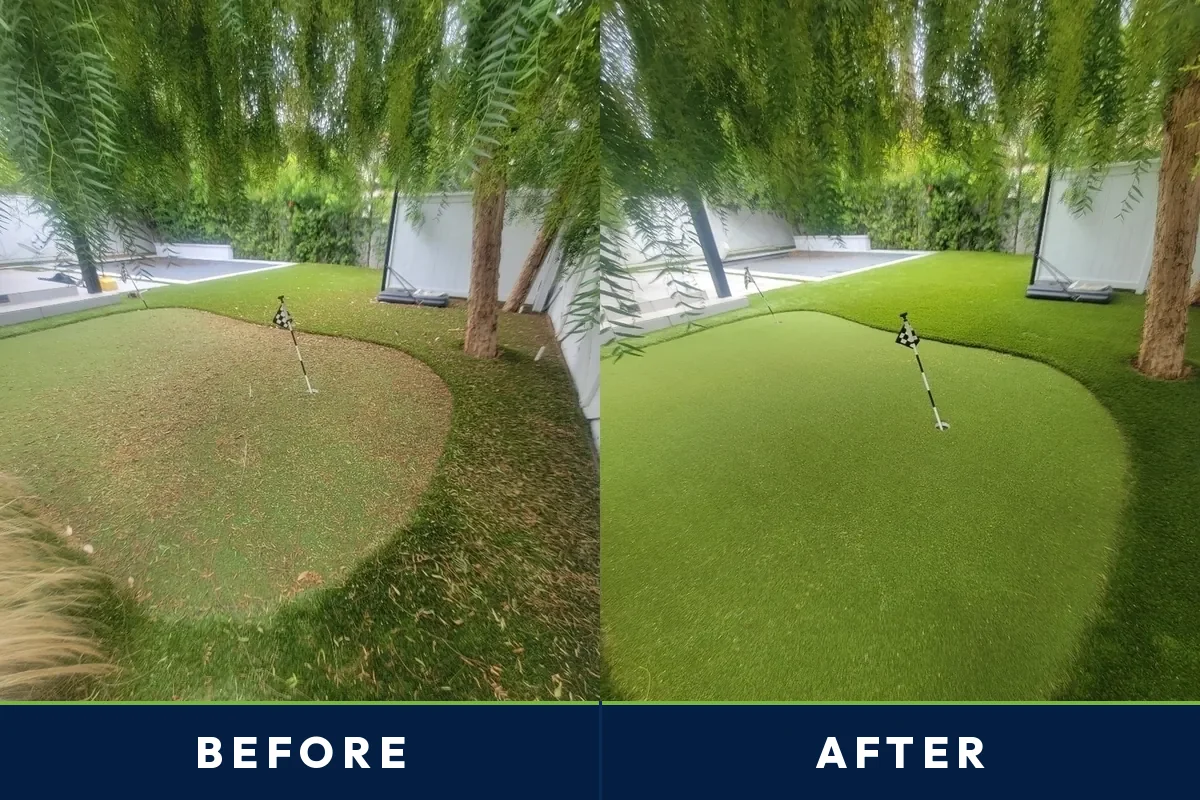Before and after of a West Los Angeles backyard putting green restored by TurFresh, thin worn surface brought back to tournament condition