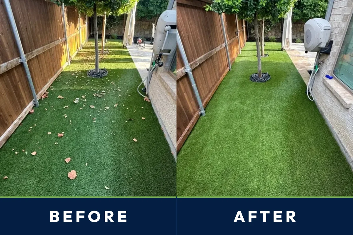 Before and after of a shaded Austin backyard artificial turf lawn deep cleaned by TurFresh