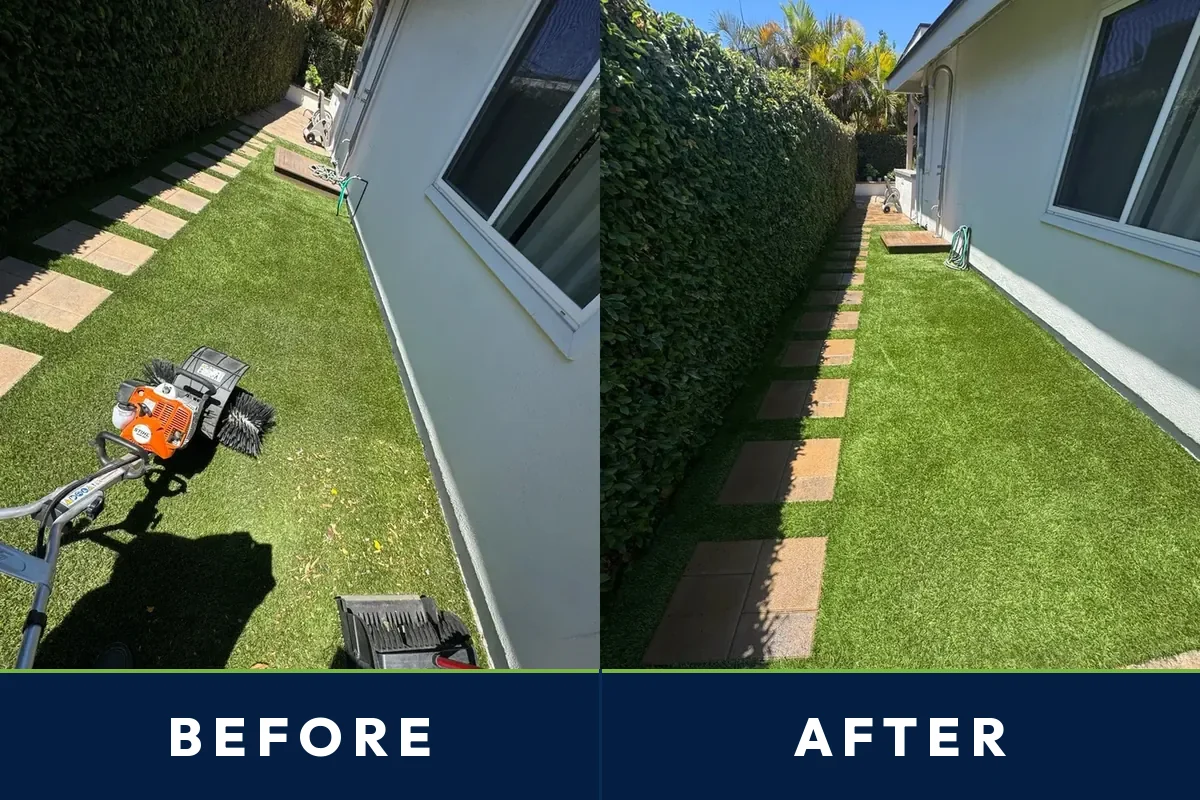 Before and after of a Coppell side yard artificial turf strip cleaned by TurFresh
