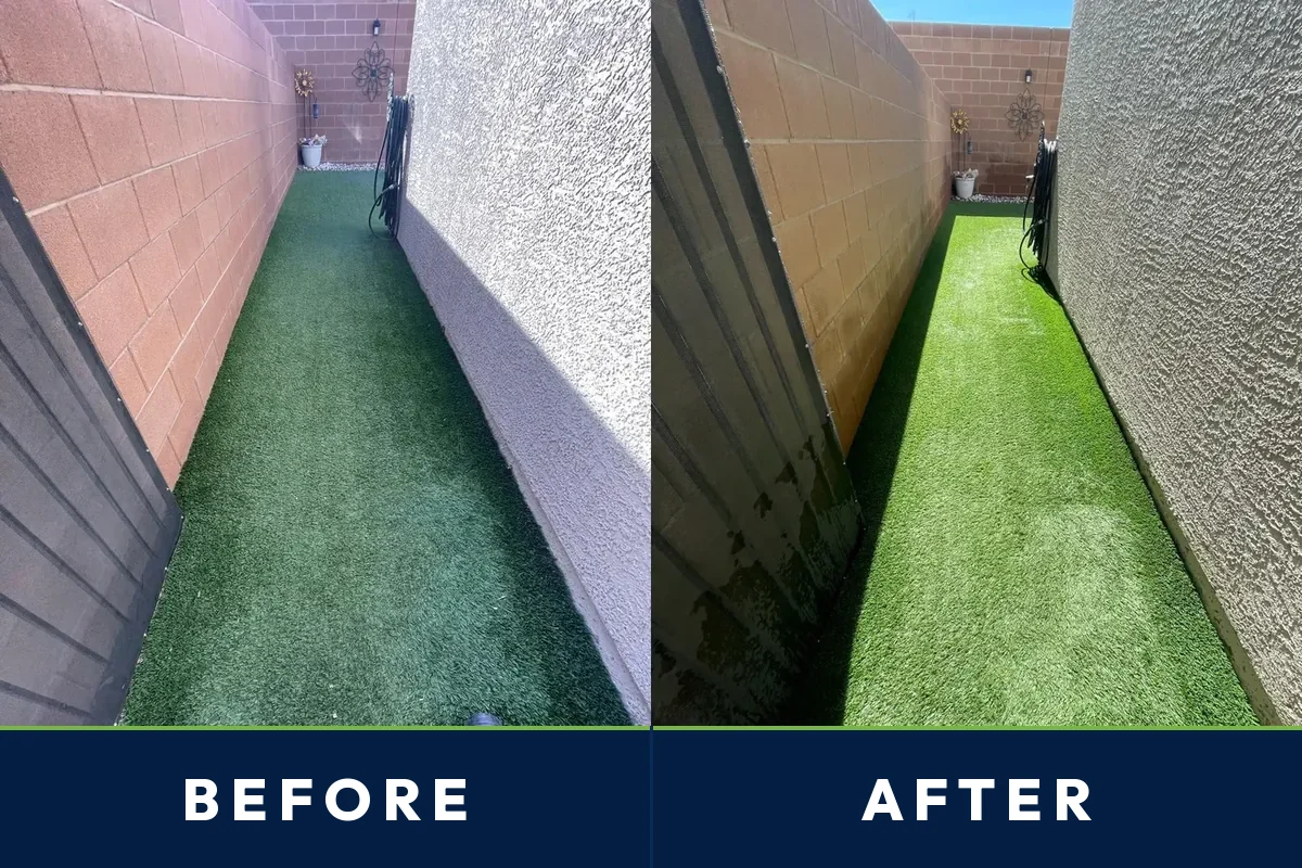 Before and after of a Las Vegas side yard artificial turf strip deep cleaned by TurFresh