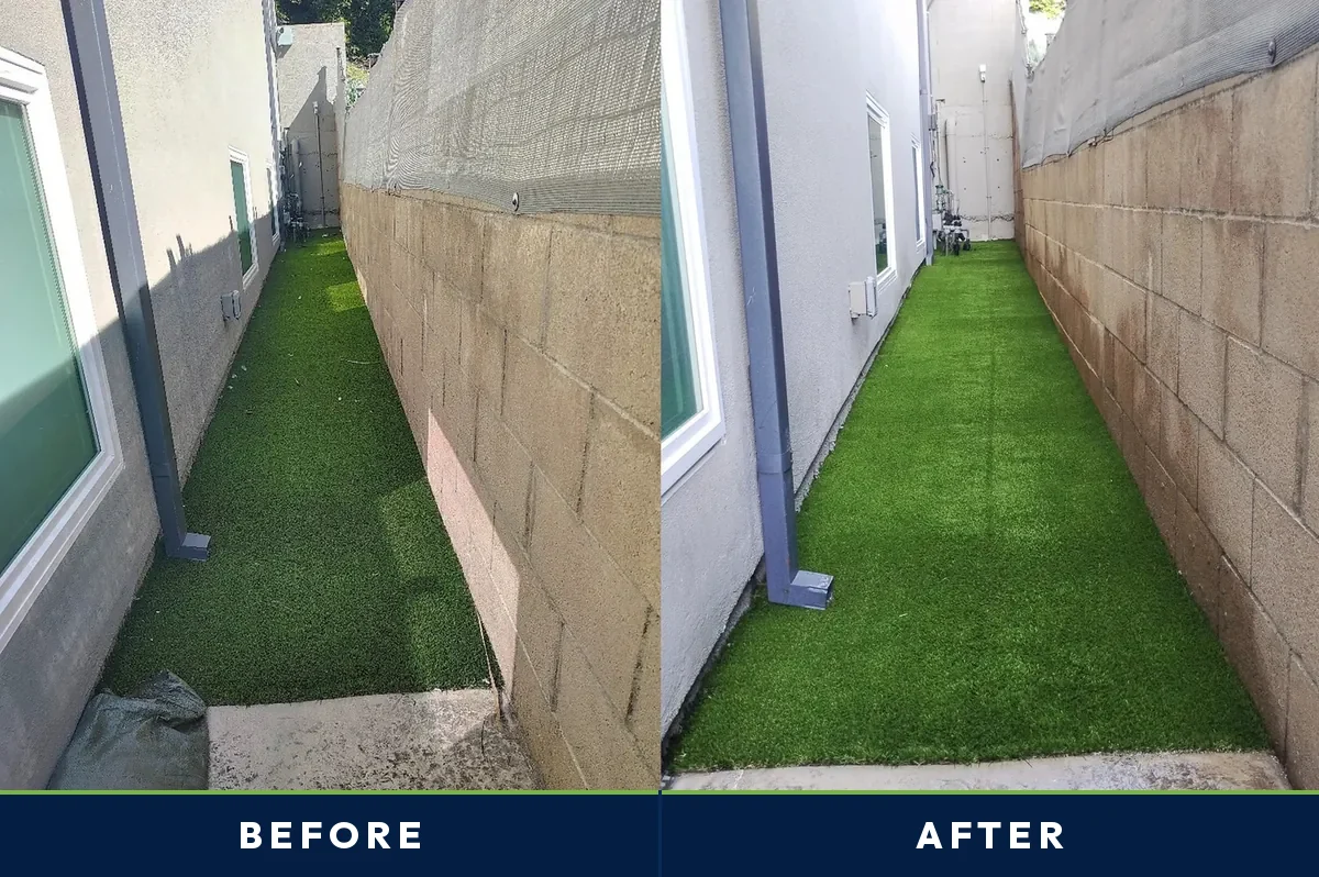 Before and after of a San Diego side yard turf strip along a block wall cleaned and revived by TurFresh