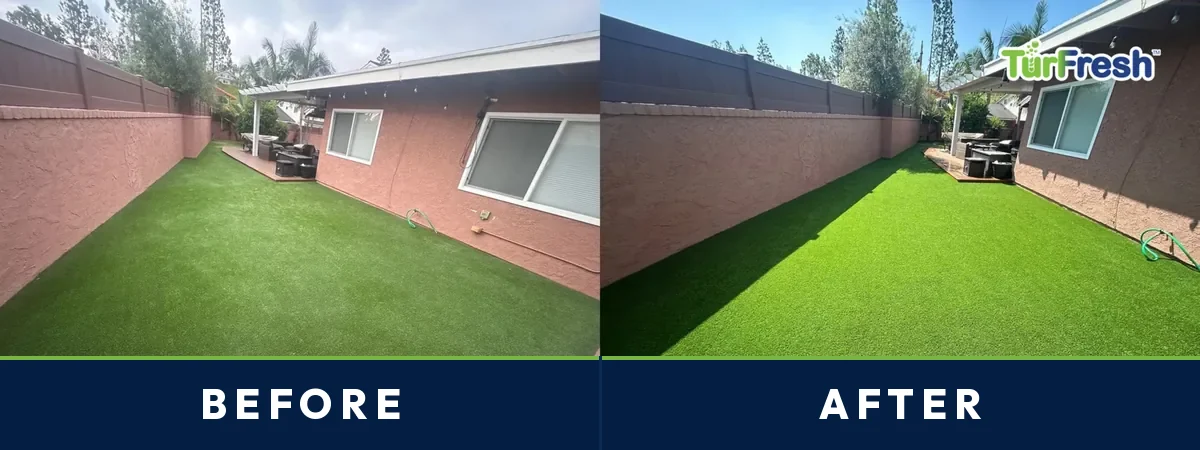 Before and after of a northwest Houston side yard artificial turf strip cleaned by TurFresh