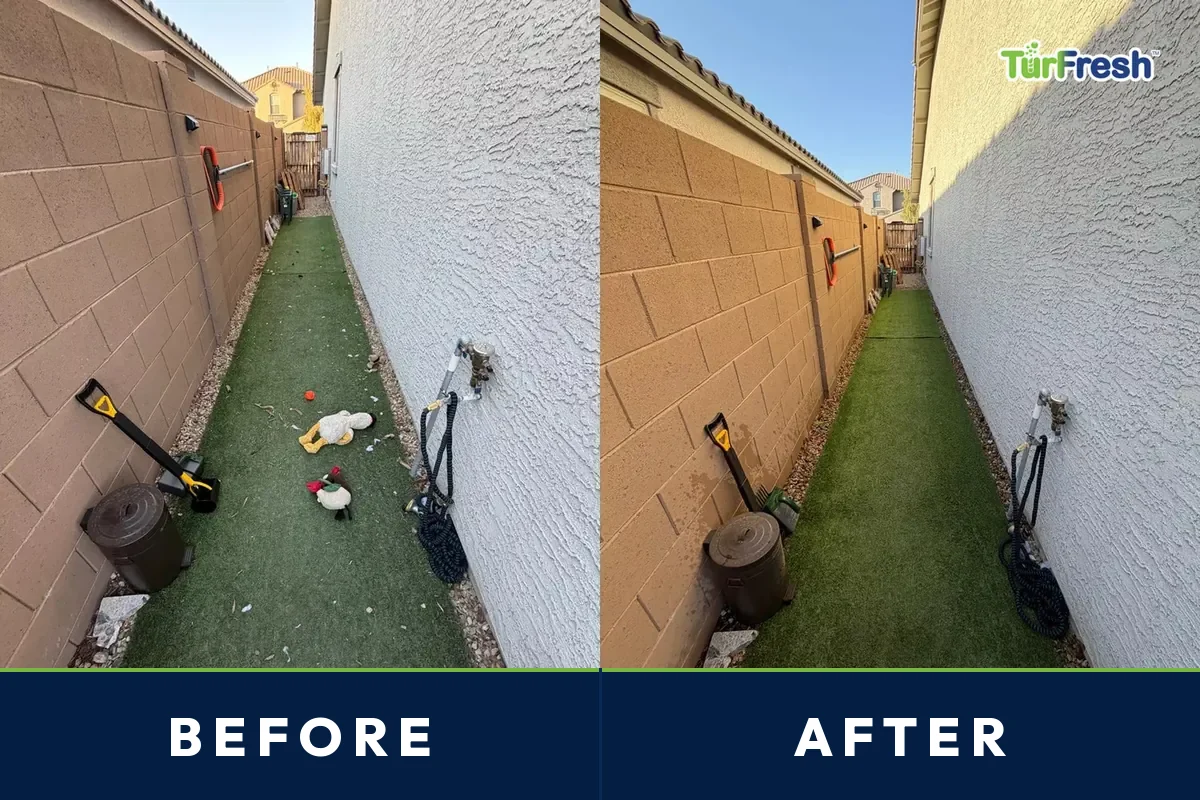 Before and after of a west Phoenix side yard turf run cleaned by TurFresh between block walls