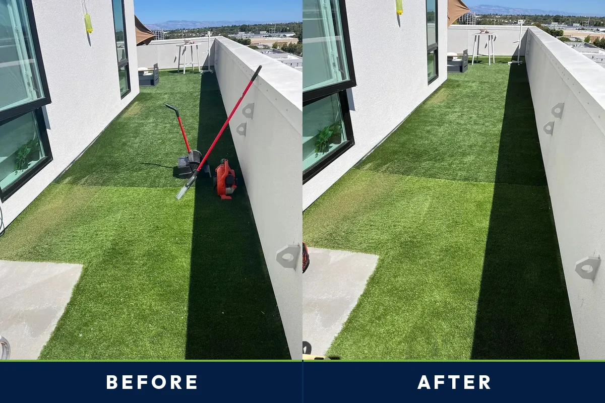 Before and after of a San Diego terrace turf run between white parapet walls power groomed by TurFresh