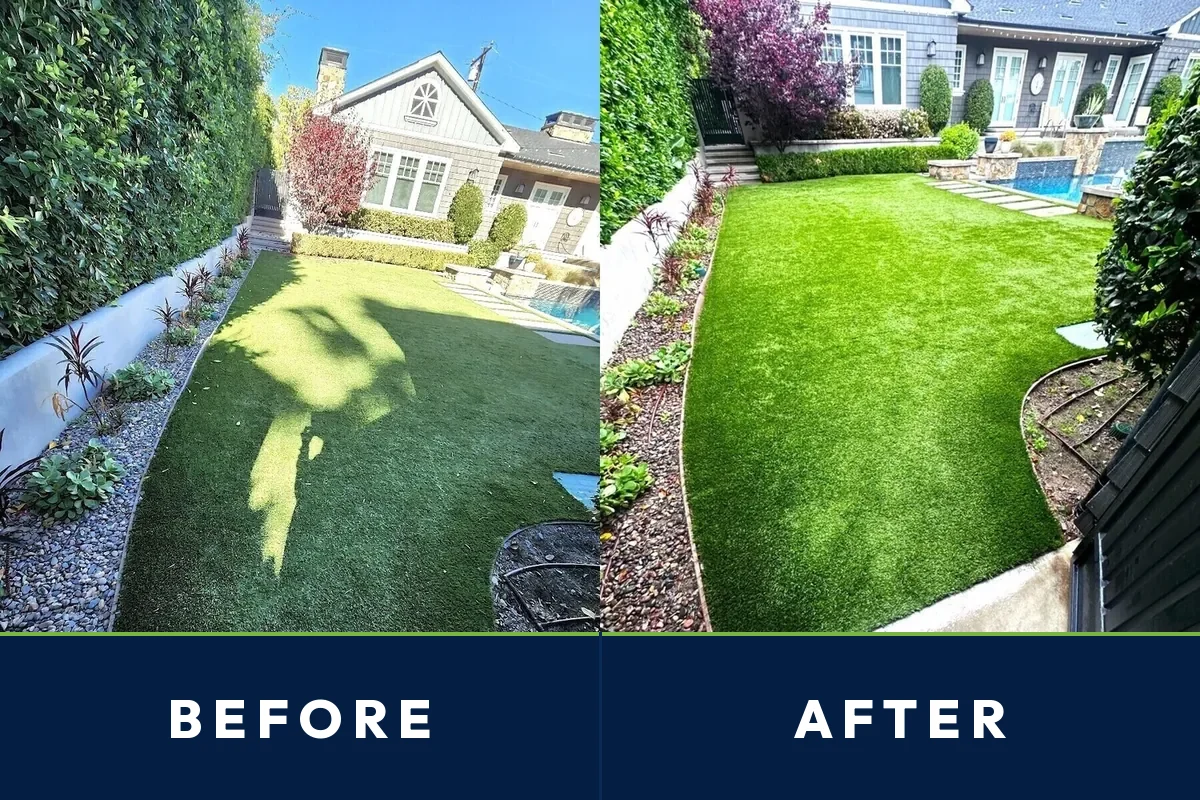 Before and after of a Mar Vista, Los Angeles artificial turf lawn deep cleaned by TurFresh