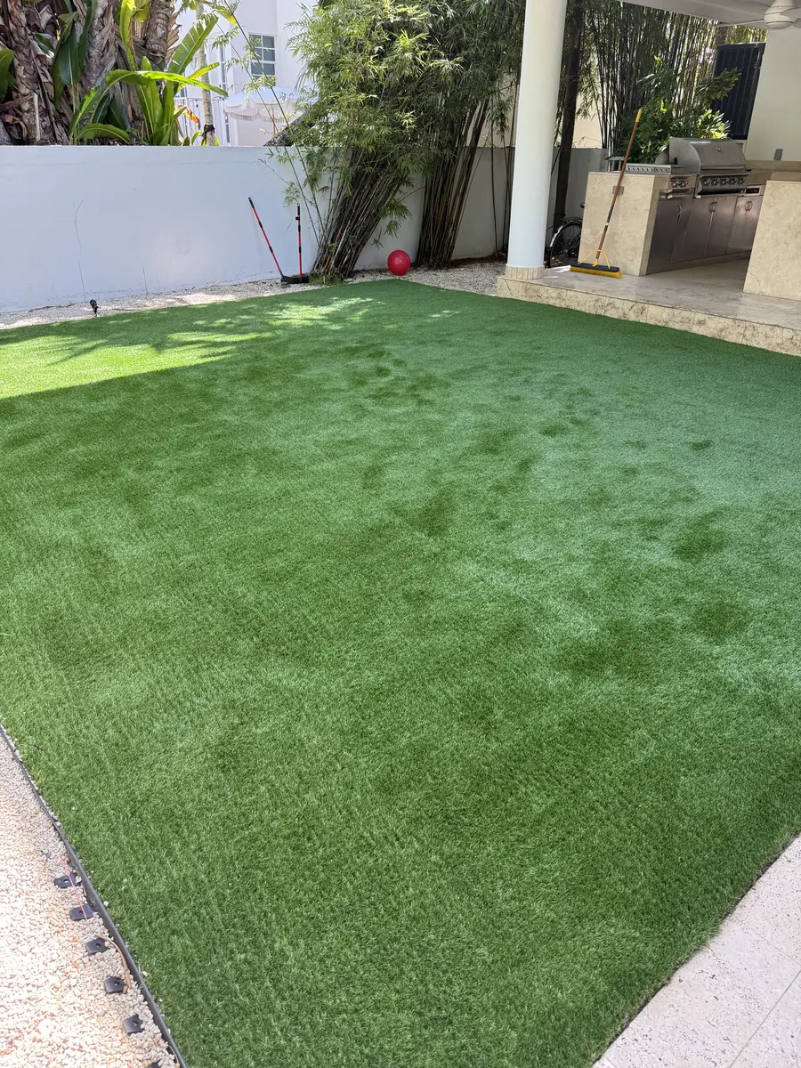 Completed TurFresh turf cleaning on a Key Biscayne artificial lawn