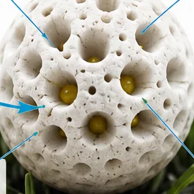 Macro view of porous TurFill infill granules that filter ammonia from pet urine
