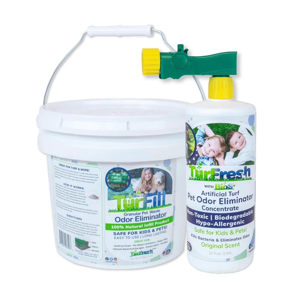 TurFresh product lineup featuring TurfFill granules and a 32 oz Turf Odor Eliminator spray with logo, highlighting their non-toxic, biodegradable, and pet-safe formulas designed to eliminate odors, kill bacteria, and refresh artificial turf.