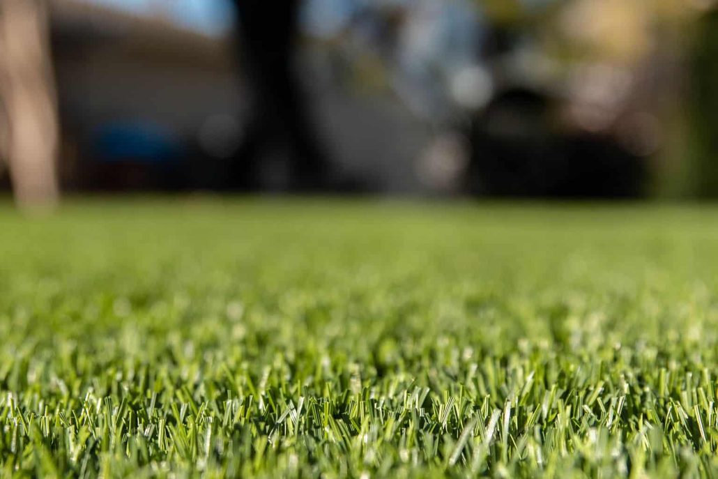 Closeup of TurFresh artificial turf blades in bright backyard sunlight showing lush green lawn.