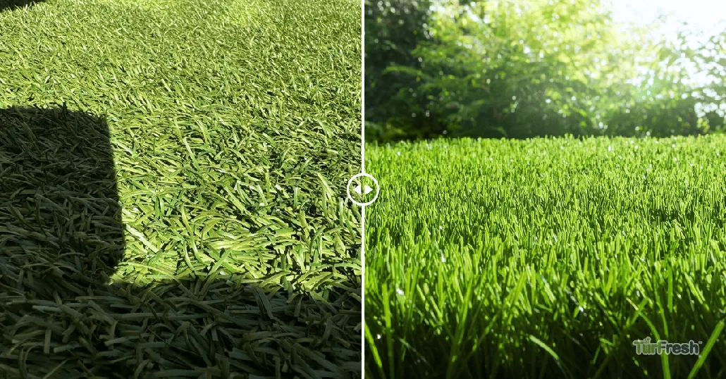 Close-up before and after image of artificial turf rejuvenation by TurFresh, showing transformation from dull matted grass to vibrant upright synthetic blades.