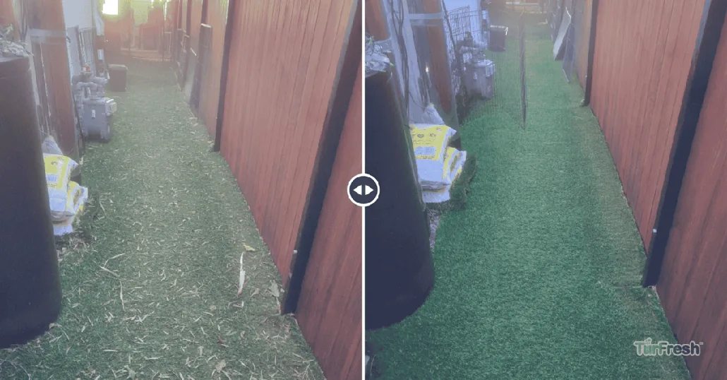 Side-by-side before and after image showing the dramatic transformation of artificial turf cleaned with TurFresh, highlighting its eco-friendly, odor-eliminating, and pet-safe formula.