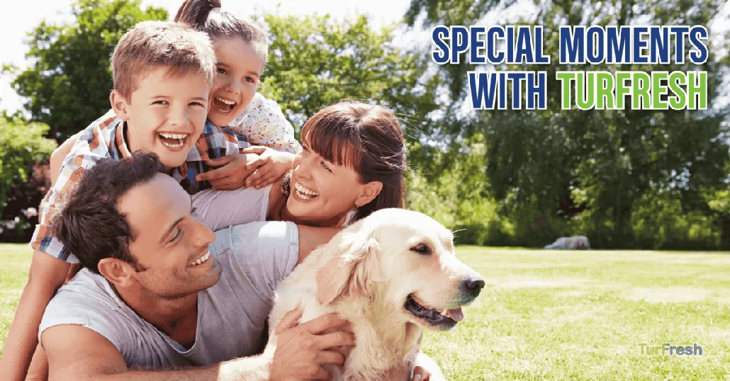Happy family and their dog enjoying fresh, clean artificial grass maintained with TurFresh, the eco-friendly, pet-safe turf cleaner and deodorizer that removes odors for safer outdoor play.