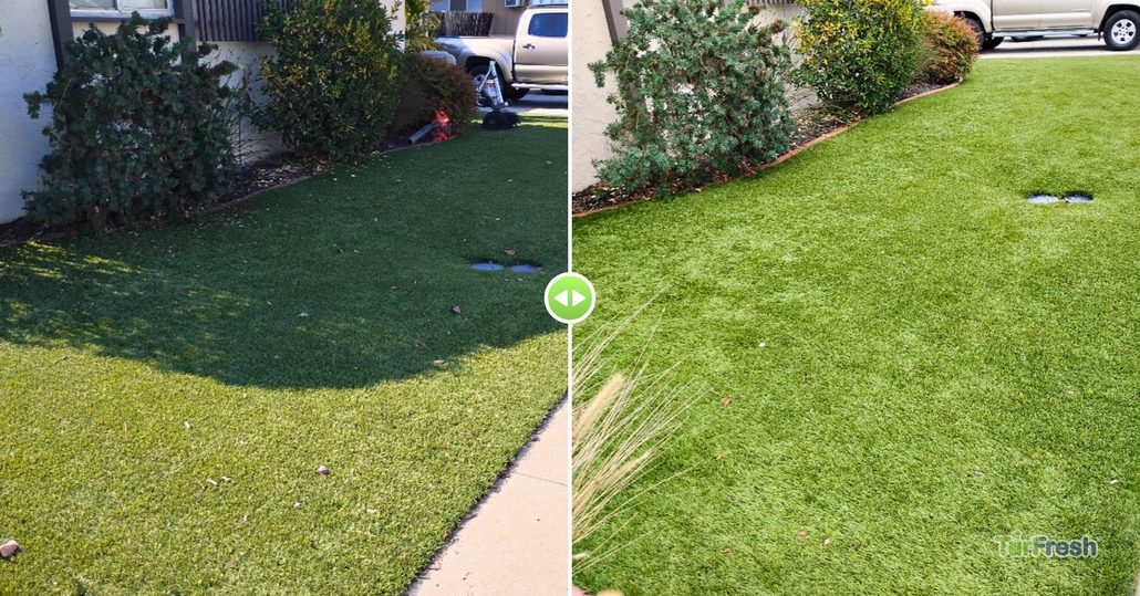 Side-by-side comparison of artificial turf before and after professional cleaning by TurFresh, showing vibrant green restoration.