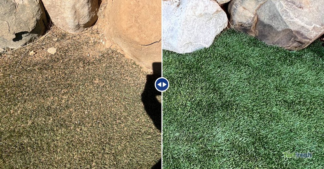 Before and after TurFresh artificial turf cleaning showing restored green turf around landscape rocks.