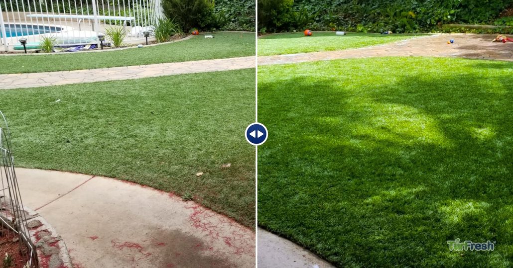 Clean artificial turf backyard after professional maintenance service