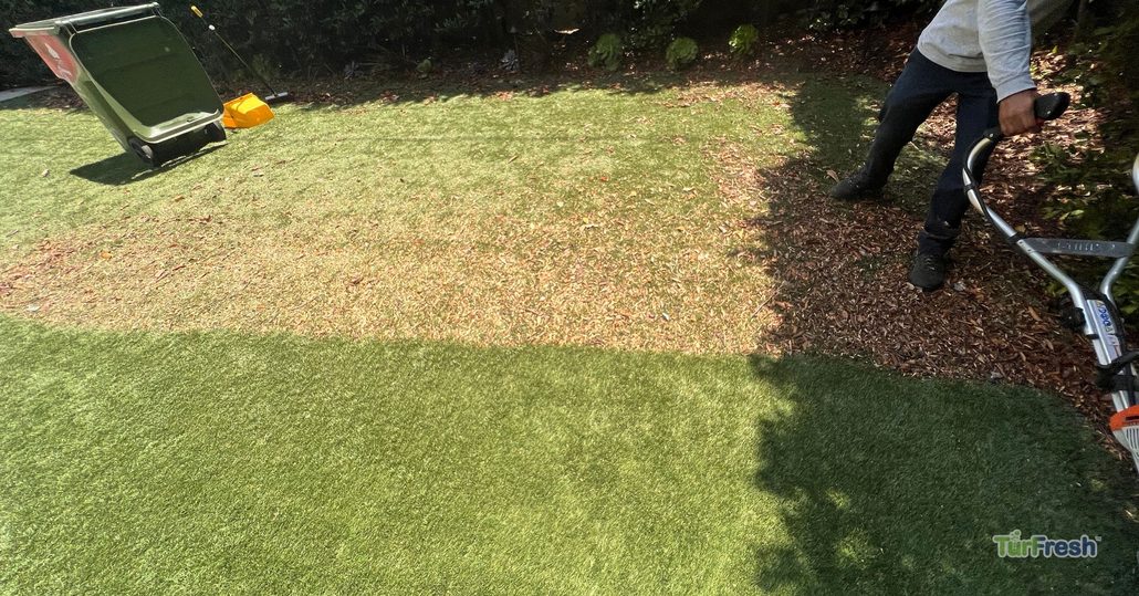 Technician using a power broom to clean debris from worn artificial turf lawn, serviced by TurFresh.