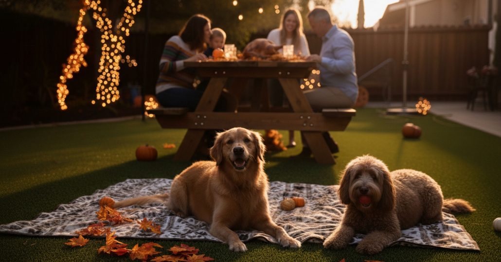 Dogs and family on clean artificial turf ready for Thanksgiving outdoor gathering.