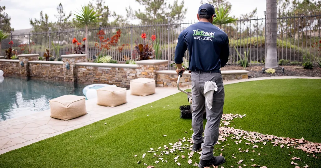 Before and after professional artificial turf cleaning by TurFresh